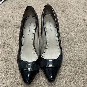 Adrienne Vittadini Black Patent and Leather Heels with Bow Accent